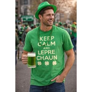 Keep Calm and Leprechaun St Patricks Day Graphic Tee Shamrock Vintage Sz M